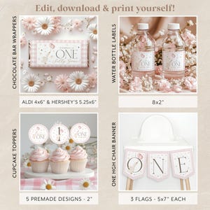 May include: Printable party decorations for a first birthday party with a pink and white gingham pattern. The set includes cupcake toppers, chocolate bar wrappers, water bottle labels, and a high chair banner. The decorations feature a pink and white gingham pattern with the number one and the text "Georgia is One Silly Goose".