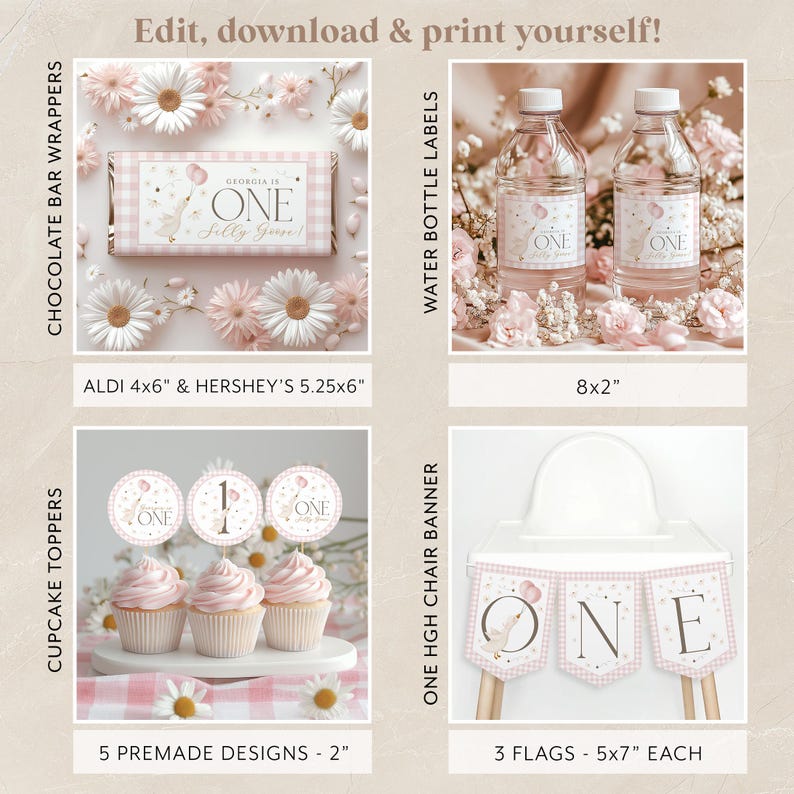 May include: Printable party decorations for a first birthday party with a pink and white gingham pattern. The set includes cupcake toppers, chocolate bar wrappers, water bottle labels, and a high chair banner. The decorations feature a pink and white gingham pattern with the number one and the text "Georgia is One Silly Goose".