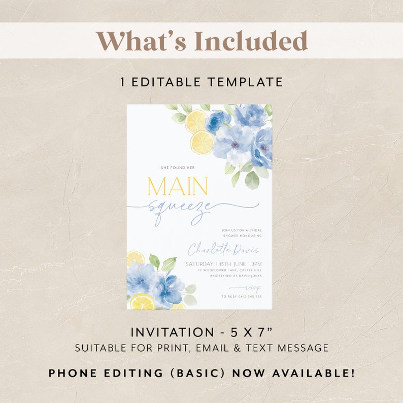 Puede incluir: Una plantilla de invitaci&oacute;n de despedida de soltera imprimible con un dise&ntilde;o de acuarela con limones, flores azules y vegetaci&oacute;n. El texto dice "She found her main squeeze" e incluye el nombre de la novia, la fecha, la hora y el lugar. La invitaci&oacute;n mide 12,7 x 17,8 cm.