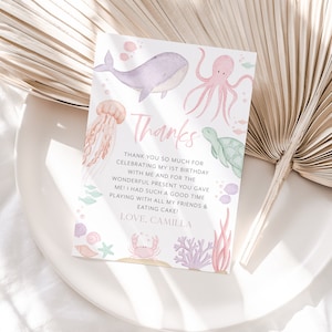 Under the Sea Thank You Card Template, Printable Thank You Card, Oneder the Sea 1st Birthday Thank You Card Editable, Sea Animals Girl Pink
