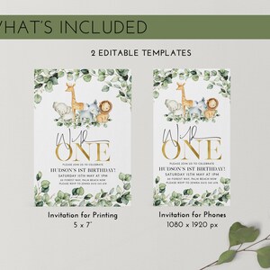 May include: Two editable templates for a first birthday invitation. The invitation features a watercolor illustration of a giraffe, elephant, lion, and zebra with eucalyptus leaves. The text on the invitation reads "One" in gold lettering and "Please join us to celebrate Hudson's 1st Birthday! Saturday 15th May at 1pm at Forest Way, Palm Beach Now. Please RSVP to Jenna 0415 678". The invitation is available in two sizes: 5x7 inches for printing and 1080x1920 pixels for phones.