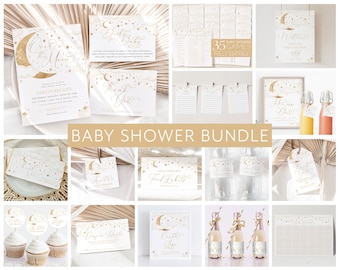 Over the Moon Baby Shower Invitation Bundle, Printable Baby Shower Moon Invitation Editable Games, Gender Neutral Baby Shower Decorations