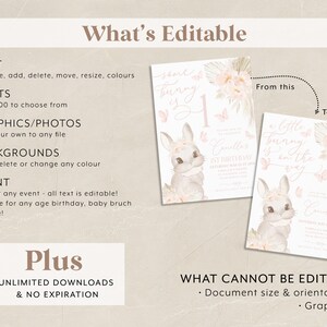 K&ouml;nnte beinhalten: Editierbare Einladungsvorlage mit einer niedlichen Hasenillustration und rosa floralen Akzenten. Der Text lautet "Some bunny is 1" und "Camilla's 1st Birthday". Die Vorlage ist anpassbar mit Text, Schriftarten, Grafiken und Hintergr&uuml;nden.