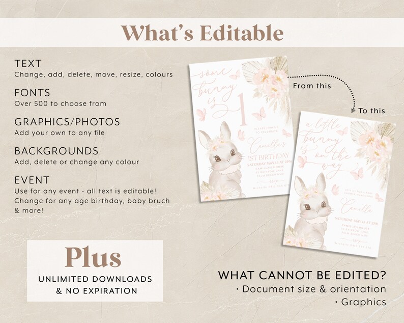 K&ouml;nnte beinhalten: Editierbare Einladungsvorlage mit einer niedlichen Hasenillustration und rosa floralen Akzenten. Der Text lautet "Some bunny is 1" und "Camilla's 1st Birthday". Die Vorlage ist anpassbar mit Text, Schriftarten, Grafiken und Hintergr&uuml;nden.