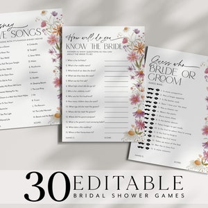 Jeux de fête prénuptiale avec fleurs sauvages, jeux modifiables pour fête prénuptiale avec fleurs roses, jeux imprimables pour fête prénuptiale avec fleurs sauvages, pack de jeux, jeux de fête prénuptiale modernes