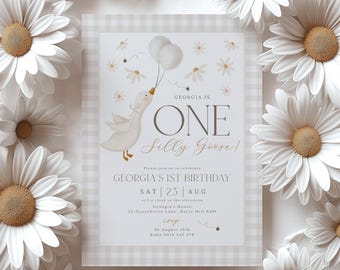 May include: A light blue and white birthday invitation with a gingham pattern. The invitation features a cartoon goose holding balloons and the text "Georgia is One Silly Goose!"  The invitation also includes the date and time of the party, the address, and the RSVP information.
