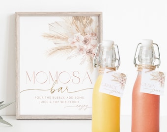 Boho Mimosa Bar Sign, Momosa Bar Sign, Mumosa Bar Sign, Juice Labels, Mimosa Juice Tags, Pink Boho Baby Shower Mimosa Sign, Boho Girl Mimosa