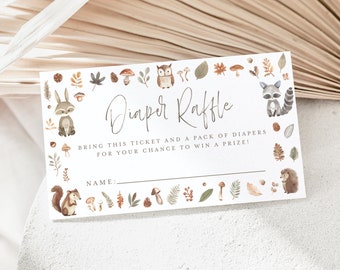 May include: A white card with a brown border featuring woodland animals and the text "Diaper Raffle". The text below reads "Bring this ticket and a pack of diapers for your chance to win a prize!" and "Name:" with a blank line for a name.