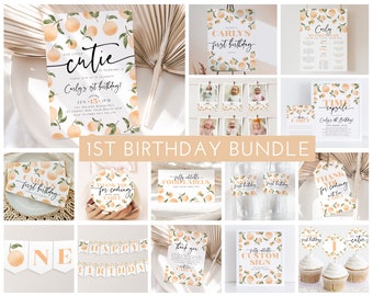 May include: A printable 1st birthday party bundle with a peach and green color scheme. The bundle includes invitations, food labels, thank you tags, a sign, a banner, cupcake toppers, and photo cards. The text on the invitation reads "Our little cutie is turning 1! Carly's 1st birthday!"