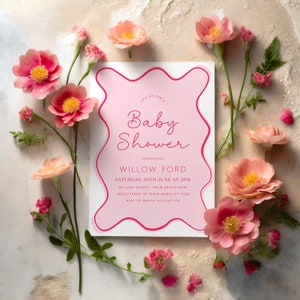 Wavy Baby Shower Invitation, Pink Wavy Invitation, Curve Invite, Wave Invitation, Modern Baby Shower, Hot Pink Baby Shower, Baby Girl Shower image 10