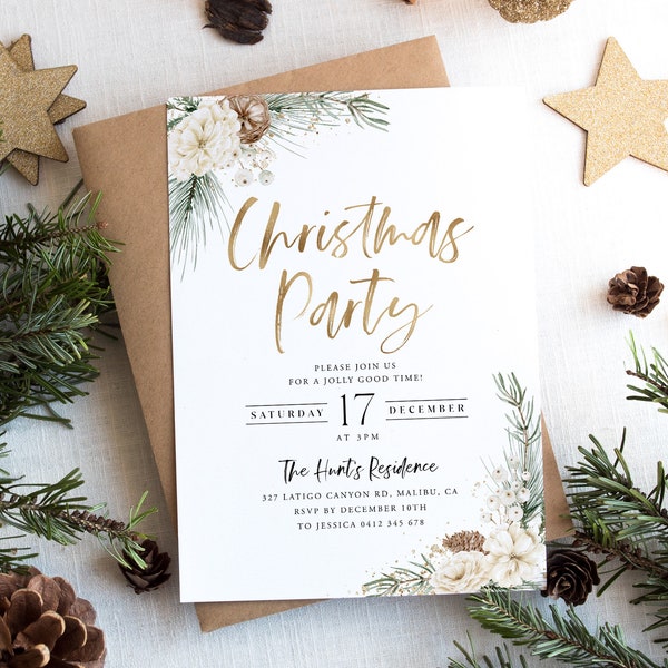 Greenery Christmas Party Invitation, Holiday Party Invitation Template, Editable Christmas Invitation, Green Leafy Christmas, Modern