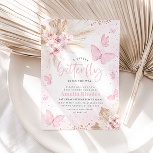 Boho Butterfly Baby Shower Invitation, Pink Butterfly Invitation ...