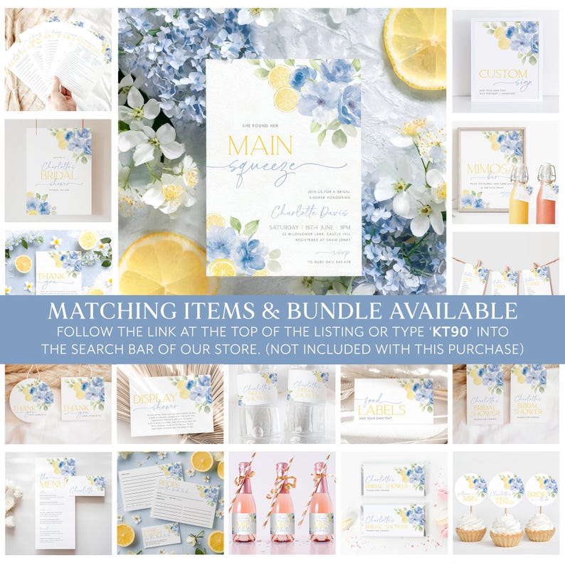 Main Squeeze Bridal Shower Invitation, Lemon Bridal Shower, Citrus Bridal Shower Invitation, Blue Mediterranean Lemon Theme, Blue Lemons imagen 8