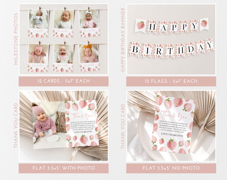 Berry First Birthday Invitation Bundle, Printable Strawberry Invitation 1st Birthday, Berry Birthday Decorations, Printable First Birthday image 4