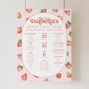 May include: A pink and white printable chart with a strawberry theme. The chart is titled "Isabella's Berry First Year" and includes details about the baby's first year, such as their weight, height, favorite foods, songs, books, and toys. The chart also includes a list of milestones, such as when the baby first smiled, rolled over, sat up, crawled, stood, and clapped.