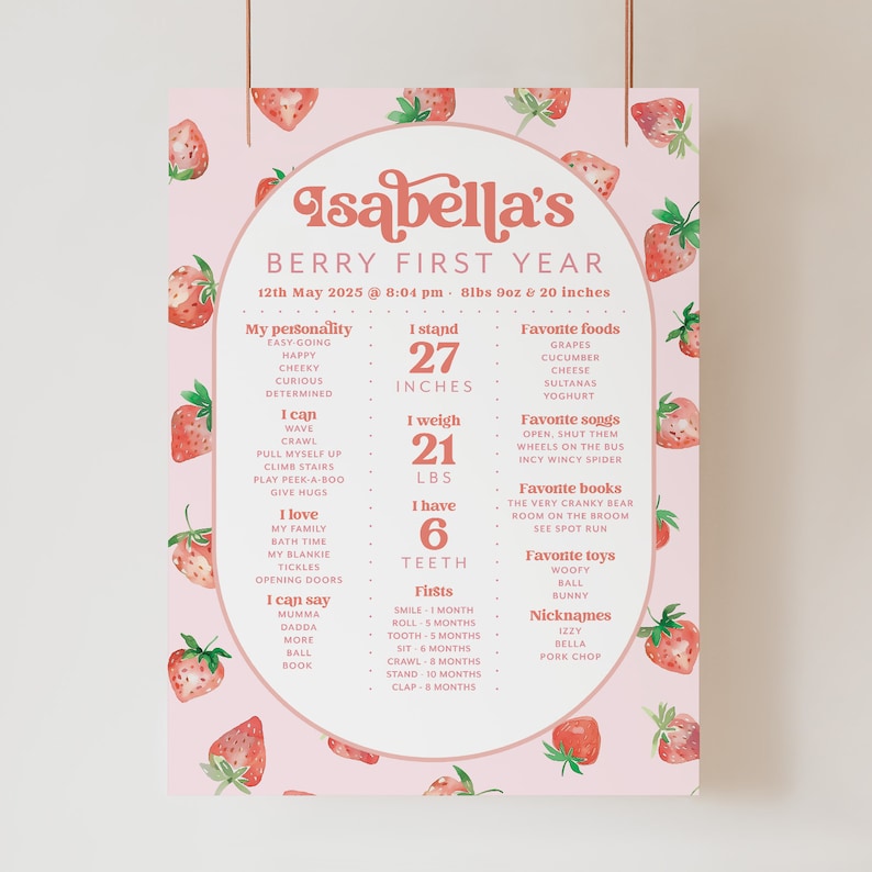 May include: A pink and white printable chart with a strawberry theme. The chart is titled "Isabella's Berry First Year" and includes details about the baby's first year, such as their weight, height, favorite foods, songs, books, and toys. The chart also includes a list of milestones, such as when the baby first smiled, rolled over, sat up, crawled, stood, and clapped.