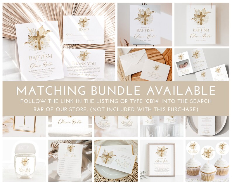 May include: A collection of baptism stationery with a gold cross and floral design. The set includes invitations, RSVP cards, thank you cards, and signage. The text "BAPTISM" and the name "Olivia Beth" are featured on the cards. The words "MATCHING BUNDLE AVAILABLE" are also visible.