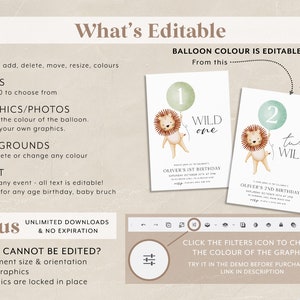May include: Editable invitation template featuring a lion holding a balloon with the number one and the text "Wild One". The template is customizable with different colors and graphics. The text "Click the filters icon to change the color of the graphics" is also included.