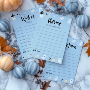 Halloween Baby Shower Advice Cards, Baby Shower Predictions, Baby Shower Wishes, Baby Boy Halloween Blue Advice Cards Predictions Printable
