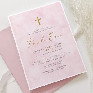 Christening Invitation Girl, Baptism Invitation Template, Pink Watercolour, Blush Pink, Printable Invitation, Editable Pink Gold Christening
