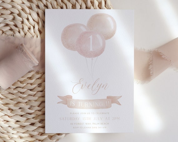 1st Birthday Invitation, Balloons Birthday Invitation, Pink Birthday Invite, 1st Birthday Girl, Girls First Birthday Balloon Invitation Pink