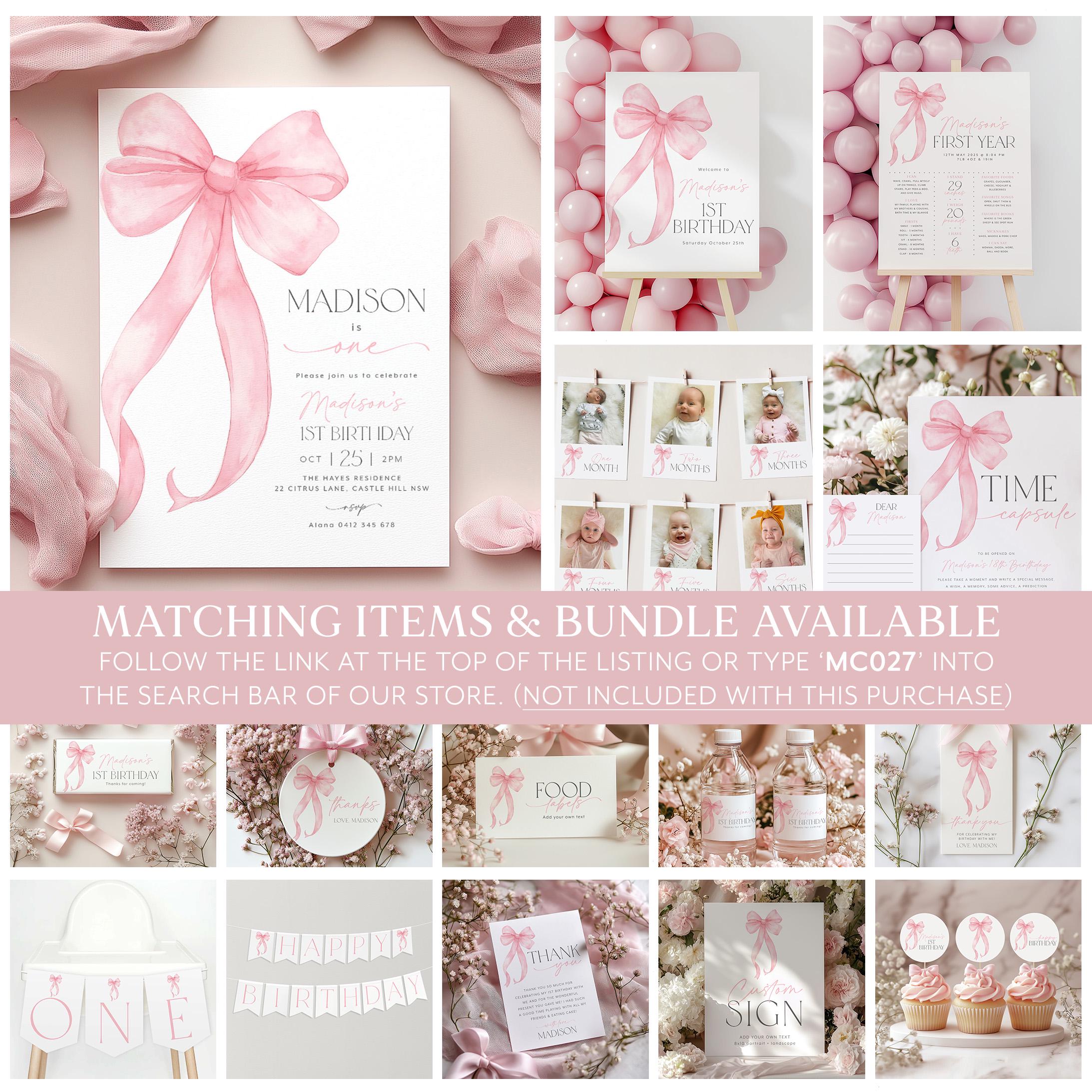 Pink Bow Water Bottle Labels Birthday