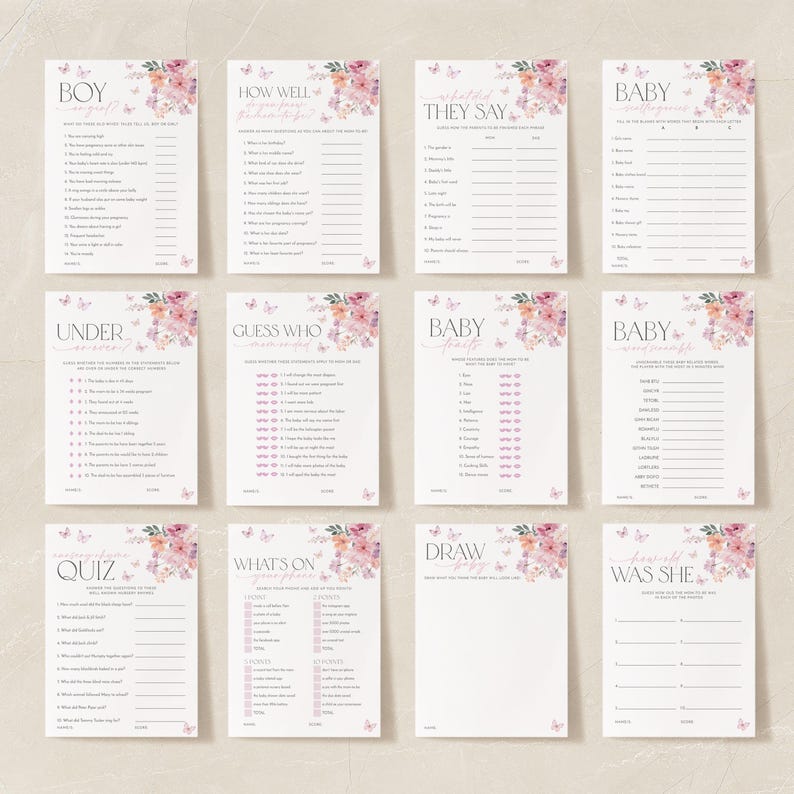 May include: A set of printable baby shower games with a floral and butterfly theme. The games include "Boy or Girl", "How Well Do You Know the Parents", "What Will They Say", "Baby Facts", "Under or Over", "Guess Who", "Baby Advice", "Baby Word Scramble", "Quiz", "What's On the Diaper Bag", "Draw the Baby", and "How Old Was She".