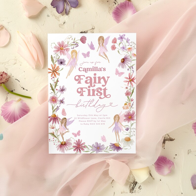 May include: A pink and purple floral border surrounds a white invitation card with the text "Join us for Camilla's Fairy First birthday" and details for a party on Saturday, May 15th at 2pm.