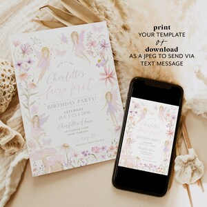 K&ouml;nnte beinhalten: Druckbare Einladung zu einer Geburtstagsfeier zum Thema Feen. Die Einladung zeigt eine Aquarell-Illustration von Feen, Blumen und Pilzen. Der Text auf der Einladung lautet: "Charlotte's Fairy Forest Birthday Party! Samstag, 25. Juli | 14:00 Uhr, Charlotte's House, 45 Flower Lane, Fairy Garden".