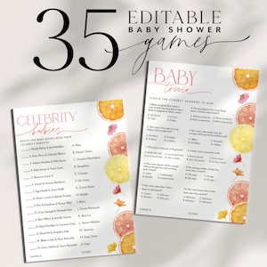 Citrus Baby Shower Games, Orange Baby Games, Lemon Baby Shower Games Printable, Bright Flowers Girl Baby Shower Games Bundle Citrus Pink