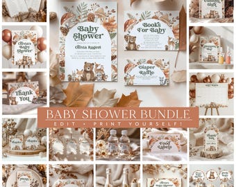 Woodland Baby Shower Invitation Bundle, Woodland Animals Baby Shower Games, Printable Decorations, Editable Template, Forest Animals Shower