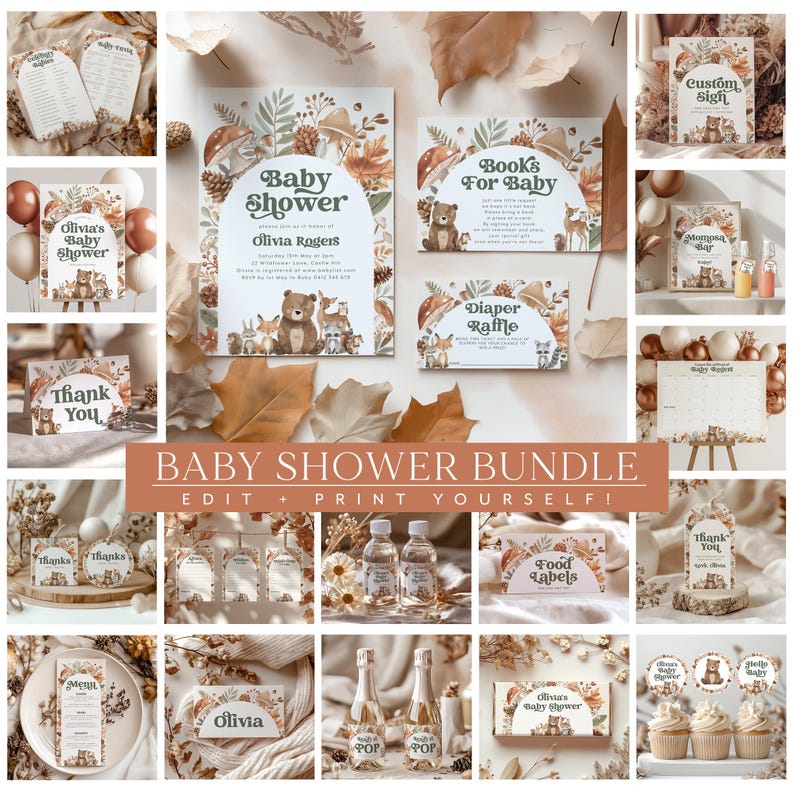 May include: A printable baby shower bundle with a woodland theme. The bundle includes invitations, thank you cards, food labels, and other printable items. The design features a brown bear, a fox, and other woodland animals.