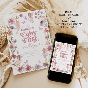 May include: A printable invitation for a first birthday party with a fairy theme. The invitation features a watercolor illustration of a floral wreath with fairies and butterflies. The text on the invitation reads "Join us for Camilla's Fairy First Birthday".
