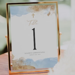 Table Numbers, Christening Table Numbers, Blue Gold Table Numbers, Baptism Table Number Template, Printable Table Numbers, Editable Baptism
