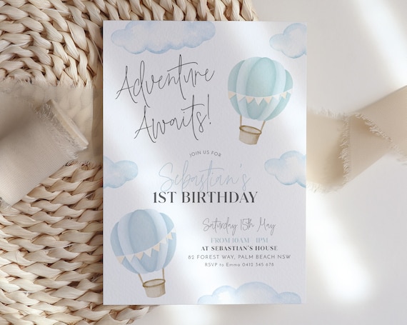 Hot Air Balloon 1st Birthday Invitation, Adventure Awaits Invitation 1st  Birthday Boy, Printable Invite Blue Hot Air Balloon up up and Away 