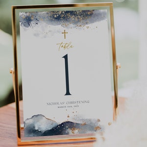 Table Numbers, Christening Table Numbers, Navy Gold Table Numbers, Baptism Table Number Template, Printable Table Numbers, Editable Baptism