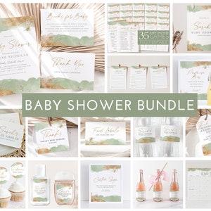 Baby Shower Invitation Bundle, Printable Baby Shower Invitation and Games Bundle, Editable Games, Sage Green Baby Shower Package, Invitation