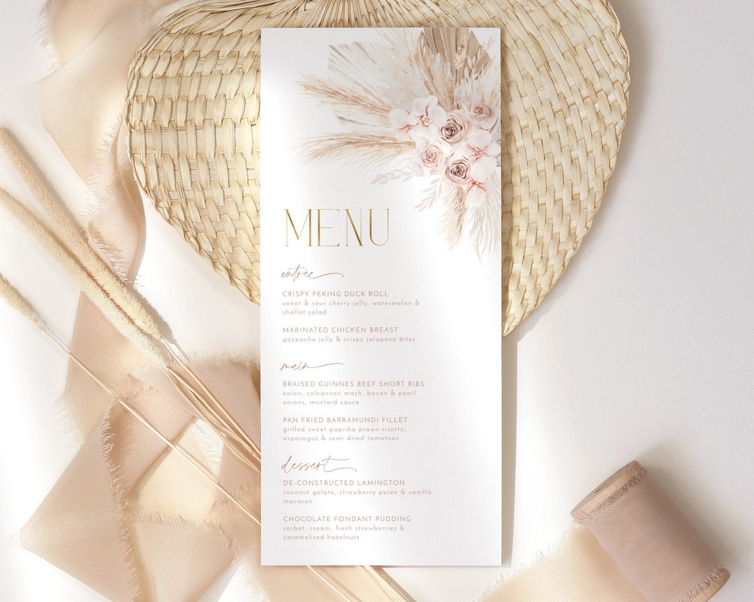 Pink Boho Menu Template, Printable Bridal Shower Menu, Boho Floral Menu ...