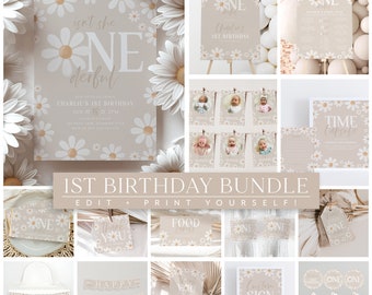 May include: A printable 1st birthday party bundle with a daisy theme. The bundle includes a variety of printable items, such as a welcome sign, food labels, a banner, and cupcake toppers. The items are all decorated with a simple daisy pattern and the text "isn't she one derful".