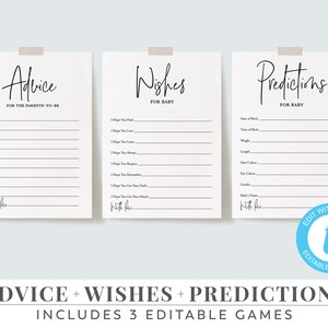 Jeux pour baby shower, Baby shower minimaliste, Cartes de conseils, Souhaits, Prédictions, Jeux modifiables, Jeux de baby shower en noir et blanc, Neutre, BS07