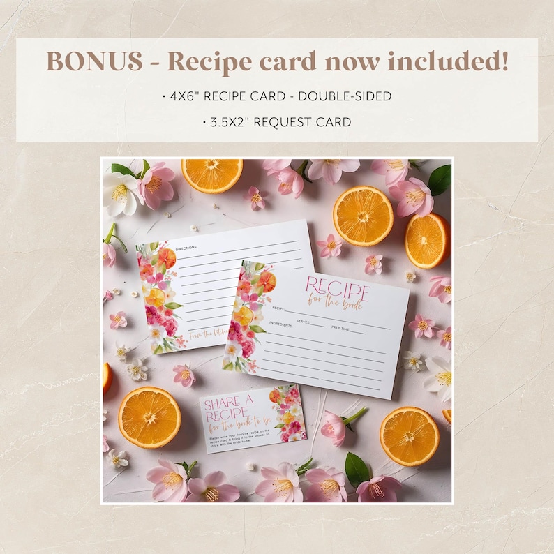 Puede incluir: Un conjunto de tarjetas de recetas imprimibles para una despedida de soltera. Las tarjetas presentan un dise&ntilde;o floral con flores rosas, naranjas y amarillas. El texto en las tarjetas dice "Comparte una receta para la novia" y "Receta para la novia".