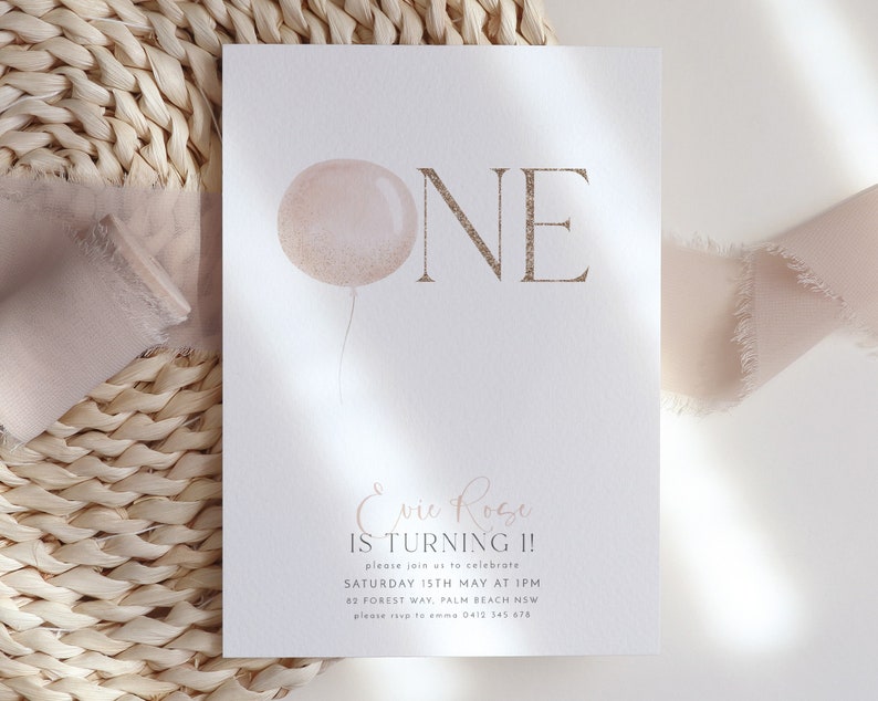 1st Birthday Invitation, Balloons Birthday Invitation, Pink Birthday Invite, 1st Birthday Girl, Girls First Birthday Balloon Pink and Gold image 3