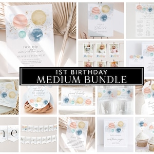 May include: A set of printable party decorations for a first birthday with a space theme. The decorations include invitations, food labels, cupcake toppers, a banner, and thank you tags. The colours are blue, pink, and gold.