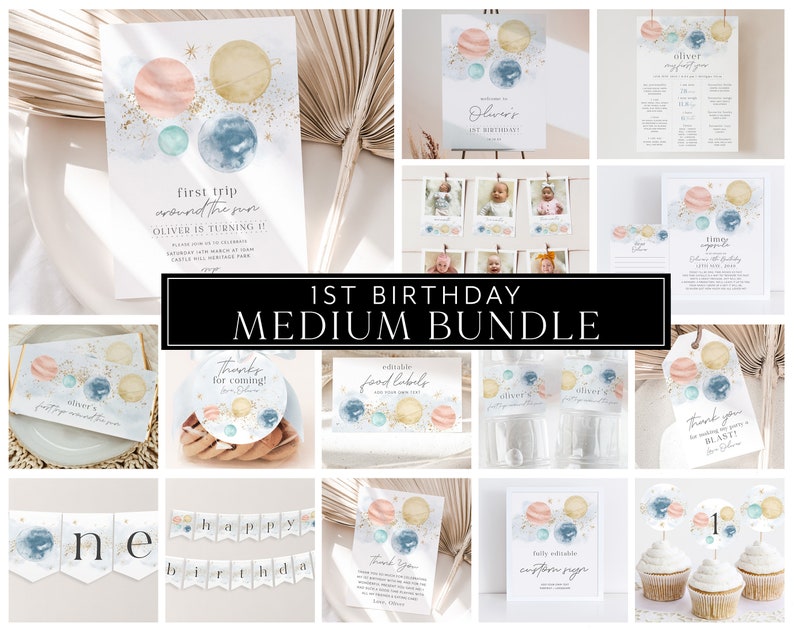 May include: A set of printable party decorations for a first birthday with a space theme. The decorations include invitations, food labels, cupcake toppers, a banner, and thank you tags. The colours are blue, pink, and gold.
