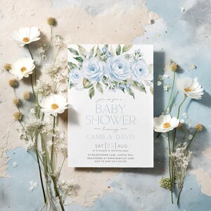 Baby Shower Invitation, Blue Floral Baby Shower Invitation, Blue Flower Invitation, Floral Baby Brunch, Blue Baby Shower Invitation Boy image 2