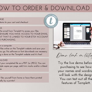 May include: A pink and white graphic with instructions on how to order and download a digital template. The graphic includes a laptop screen showing a demo of the template, which is a wedding invitation with the text "Charlotte Edward" in a white box.