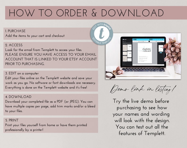 May include: A pink and white graphic with instructions on how to order and download a digital template. The graphic includes a laptop screen showing a demo of the template, which is a wedding invitation with the text "Charlotte Edward" in a white box.