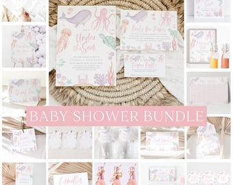 Puede incluir: Un paquete de baby shower con temática náutica. El paquete incluye invitaciones, tarjetas de agradecimiento, etiquetas para alimentos, una tarjeta de rifa de pañales, un letrero y otras decoraciones. Las decoraciones presentan un pulpo, una ballena, una tortuga y otras criaturas marinas. Los colores son rosa, azul y verde.