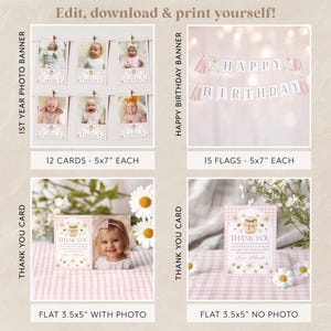May include: A collection of printable party decorations, including a "Happy Birthday" banner, a "1st Year Photo Banner", and "Thank You" cards. The banners have pink and white gingham backgrounds. The cards are 3.5x5 inches.