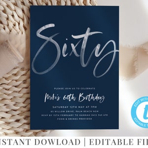 60th Birthday Invitation, Editable Navy InvitationTemplate, 60, Sixty, 60th Birthday Party Invite, Navy Invitation, Navy and White